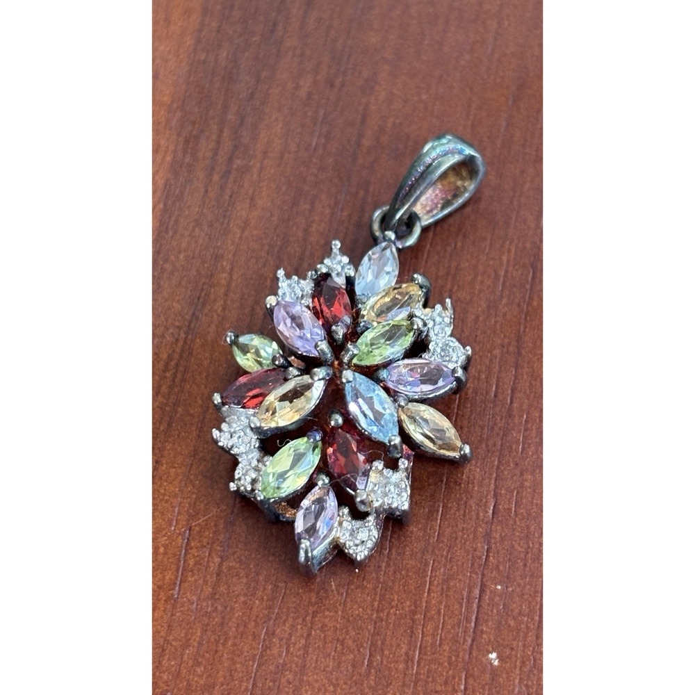 Sterling Silver 925 Multi-Gemstone Flower Pendant